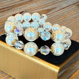 Vintage Faux Pearl Memory Wire Two Strand Cuff Bracelet